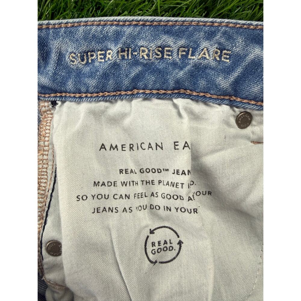 AE Next Level Ripped Super High-Waist Flare Jeans Women's 12 Blue Denim Stretch - Picture 4 of 16